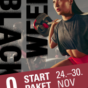 Person beim Krafttraining vor Schriftzug ‚Black Week‘ – Startpaket 0 € im SPORT-PARK (24.–30.11.)